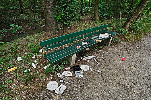 公园,长椅,垃圾,漫滩,慕尼黑,巴伐利亚,德国,欧洲