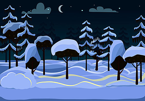 树林,晚间,插画,木头,不同,树,云杉,遮盖,雪,卡通,风格,设计,堆放,月亮,云,深蓝,天空,冬天,寒冷,霜,矢量