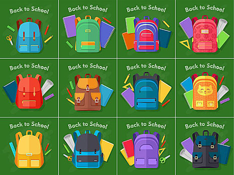 返校,不同,种类,背包,现代,多样,包,健身,彩色,绿色背景,学校,物体,后面,设计,矢量,插画