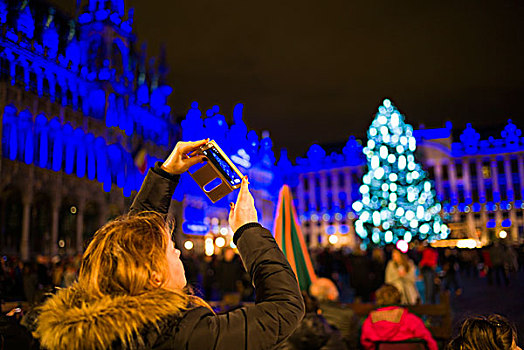 比利时,布鲁塞尔,大广场,晚间,光亮,圣诞节