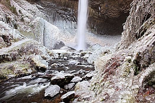 冬天,冰,风暴,拉图来尔瀑布,哥伦比亚河峡谷,俄勒冈,美国