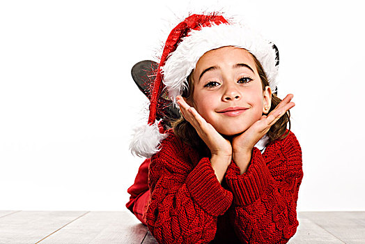 可爱,小女孩,戴着,圣诞帽,卧,木地板,白色背景,背景,冬服