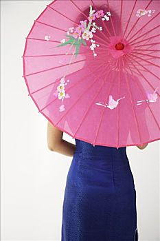 年轻,中国人,女人,蓝色,旗袍,拿着,粉色,伞