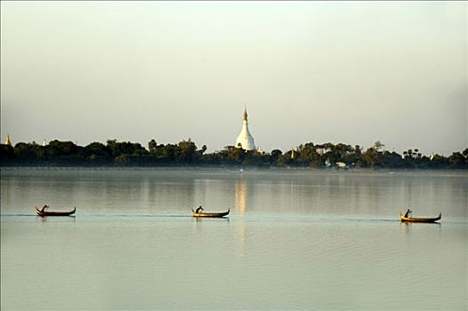 湖,三个,划艇,白色,佛塔,阿马拉布拉,曼德勒,缅甸