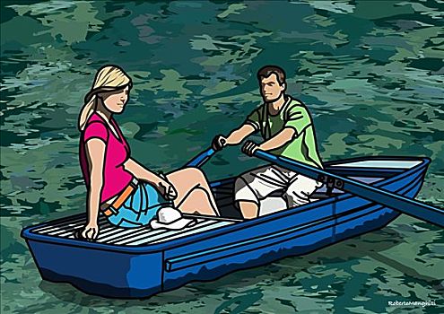 插画,伴侣,划桨船