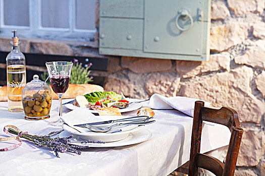 户外桌,橄榄,面包,葡萄酒,普罗旺斯,法国