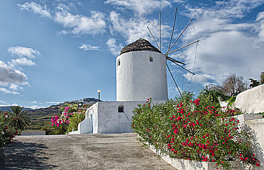 白色,风车,房子,锡拉岛,希腊,希腊群岛