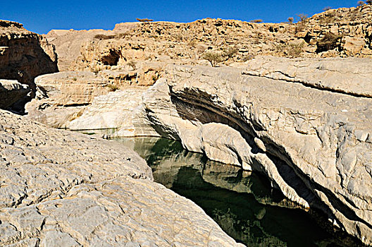水,水池,岩石,峡谷,旱谷,沙尔基亚区,区域,阿曼苏丹国,阿拉伯,中东