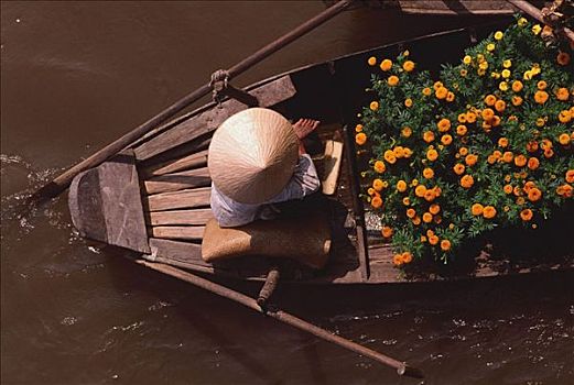 越南,芹苴,河,卖花人,水上市场