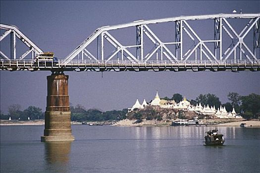 桥,河,塔,背景,伊洛瓦底江,曼德勒,缅甸