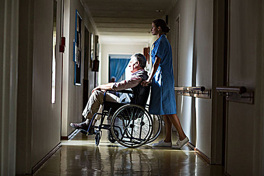 病人,轮椅,推,医护人员,医院,走廊