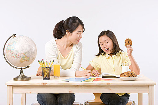 女孩,學習,書桌,母親