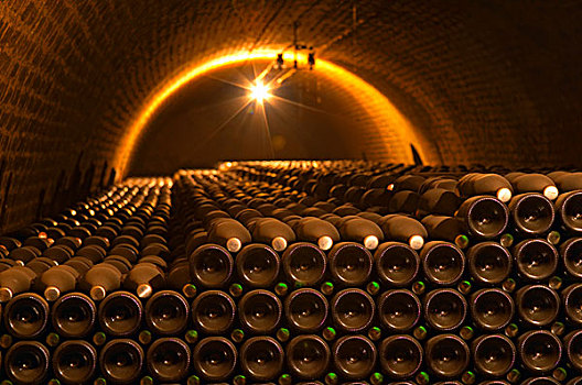 香槟酒瓶,一堆,地下,拱顶,地窖,银,绿色,香槟,阿登高地,法国