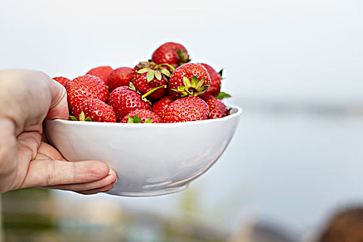 手,碗,草莓