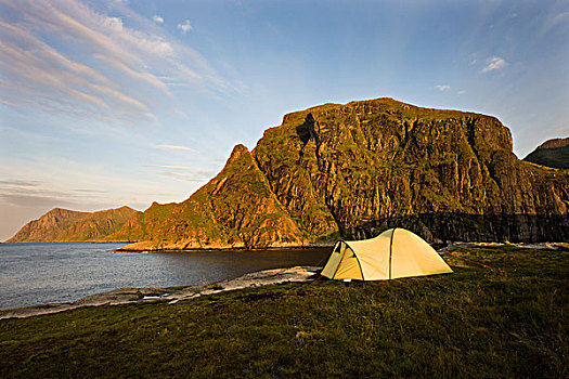 帐蓬,旁侧,湖,靠近,岛屿,西部,罗弗敦群岛,挪威,斯堪的纳维亚,欧洲