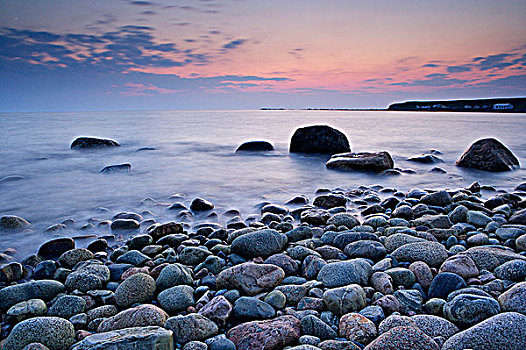 岩石,海岸线,绿色,指点,日落,格罗莫讷国家公园,世界遗产,维京观景小道,北方,半岛,纽芬兰,拉布拉多犬,加拿大