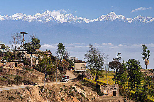 风景,乡村,房子,山,喜马拉雅山,雾,山谷,靠近,尼泊尔,亚洲