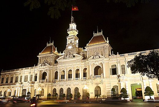 市政厅,夜晚,胡志明市,越南