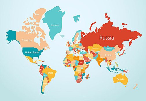 世界地图全球国家版图彩色英文版