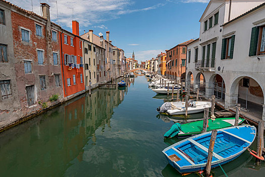 城市风光,运河,船,彩色,反射,水,美景,老城,基奥贾,威尼斯,意大利