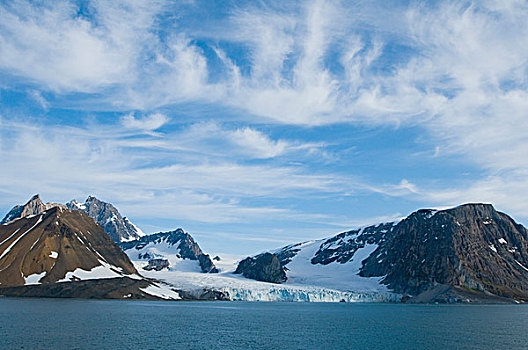 挪威,斯瓦尔巴群岛,斯匹次卑尔根岛,卷云,漩涡,上方,景色,风景,冰河,崎岖,山