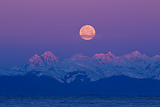满月,日落,后面,奇尔卡特山脉,运河,日出,东南阿拉斯加,冬天