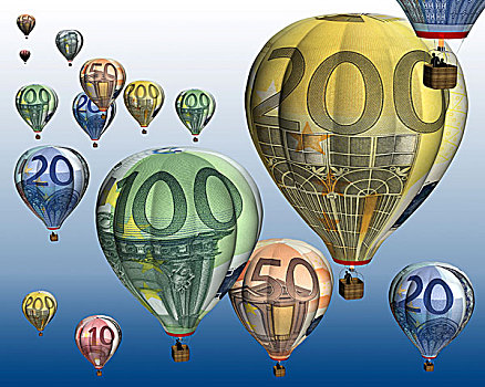 热,空气,气球,欧元,货币,插画