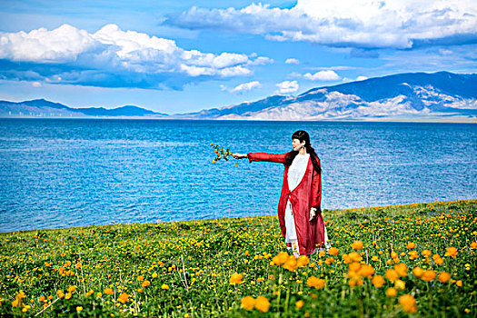 新疆,野花,湖泊,女孩