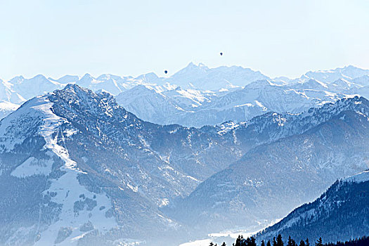 风景,巴伐利亚,阿尔卑斯山,坎彭完特山,奥地利,热,空气,气球,远景,齐姆高,上巴伐利亚,德国,欧洲