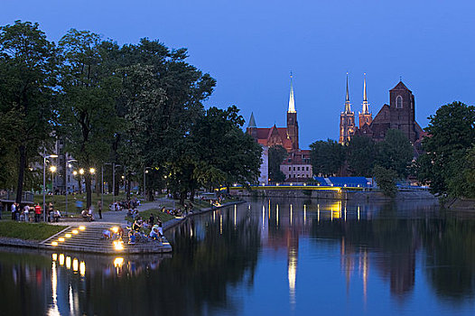 建筑,河,夜晚,弗罗茨瓦夫,波兰