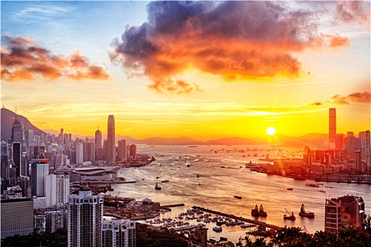 日落,香港,城市
