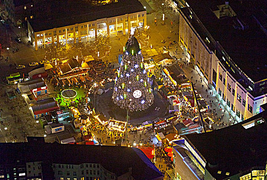 航拍,夜景,圣诞树,城镇中心,多特蒙德,鲁尔区,北莱茵-威斯特伐利亚,德国,欧洲
