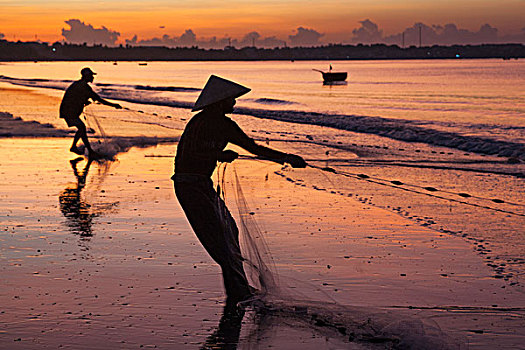 越南,美尼,海滩,网,女渔者,黎明