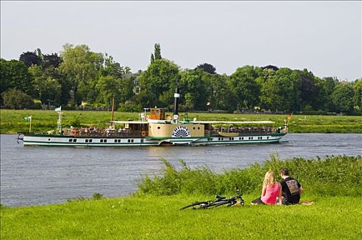 伴侣,岸边,易北河,桨轮船,蒸汽船,德累斯顿,萨克森,德国