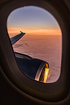 日落,云,机翼,飞机,窗户
