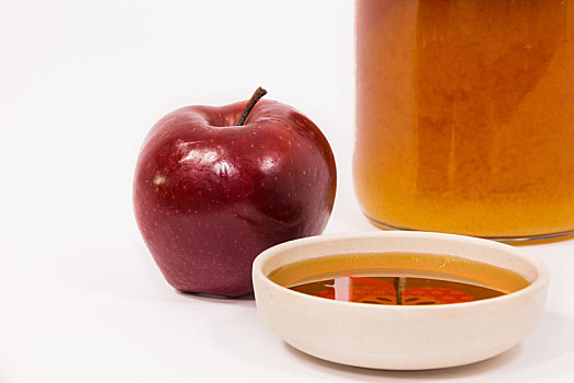 红苹果,罐,蜂蜜,碗,隔绝,白色背景