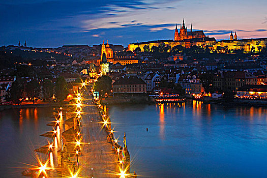 景观灯,查理大桥,皇宫,城堡,山,布拉格,捷克共和国