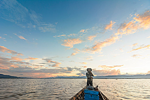 茵莱湖,山,日落,船,驾驶员,掸邦,缅甸