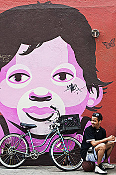 男人,自行车,涂鸦,背景,加利福尼亚,美国