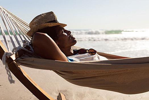 男人,帽子,睡觉,吊床,海滩