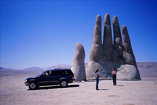 智利,阿塔卡马沙漠,游客,正面,雕塑,手,神,四轮驱动