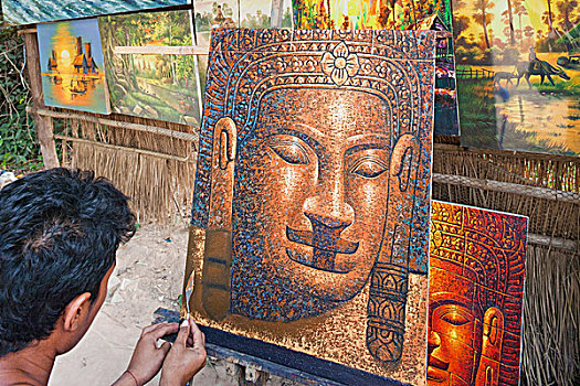 柬埔寨,收获,吴哥窟,艺术家,绘画,图像,佛