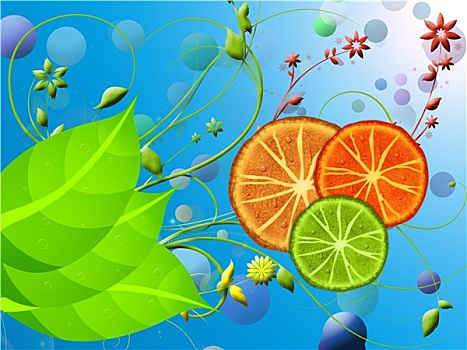 橙色,绿色,柠檬片,蓝色背景,背景