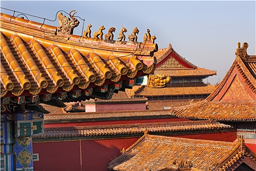 屋顶,小雕像,黄色,故宫,宫殿,北京