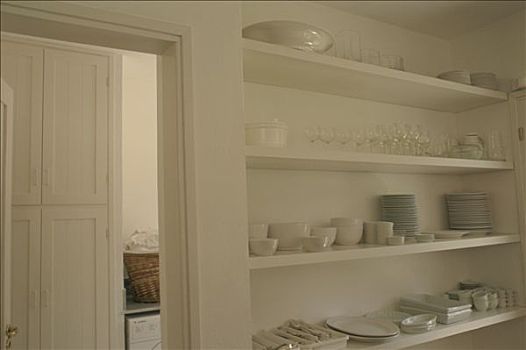 厨房,白色,瓷器,餐具摆放,白色背景,架子