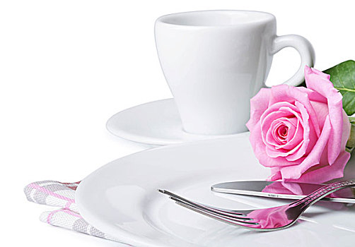 咖啡杯,银器,玫瑰,盘子,白色背景