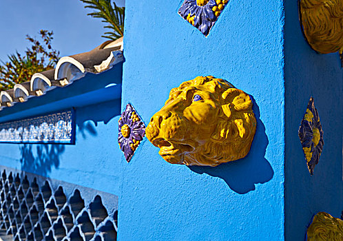 地中海,建筑,蓝色,黄色,狮子,砖瓦,陶瓷,格子