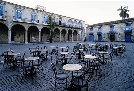 历史,中心,桌子,椅子,空,早晨,大教堂,哈瓦那旧城,哈瓦那,古巴,加勒比海