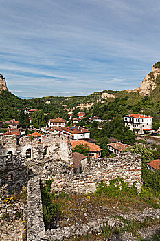 保加利亚,南方,山,梅尔尼克,城镇,俯视图,早晨