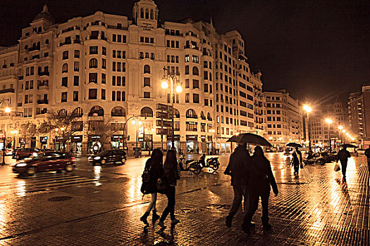 人,伞,下雨,夜晚,街道,瓦伦西亚,西班牙